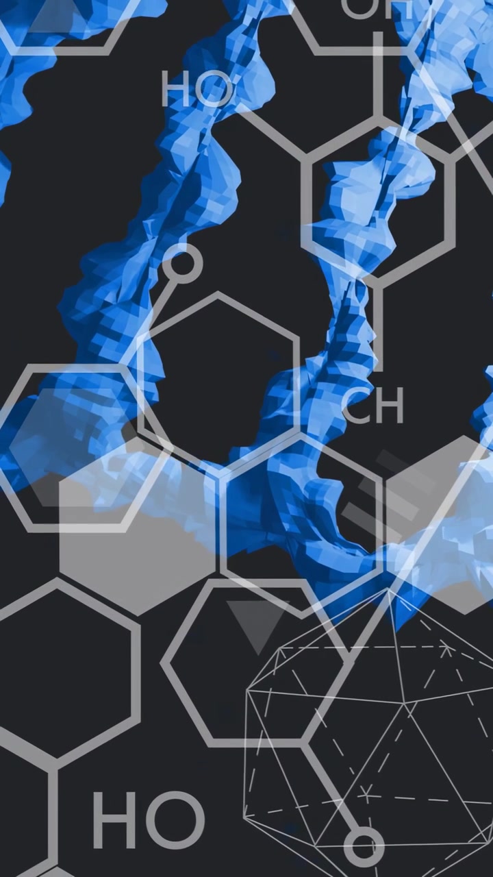 Video verticale: Nastro blu in riproduzione che si intreccia attraverso una griglia esagonale con OH NO CH, illustrando il movimento.