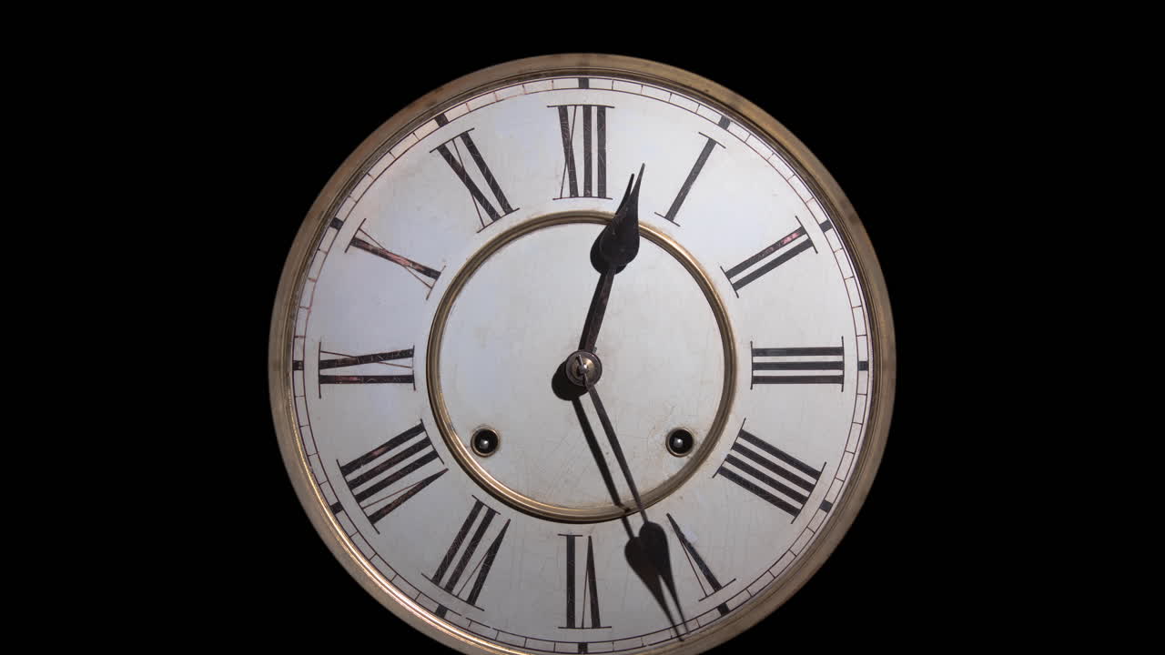 TIMELAPSE, ZOOM IN, CUT OUT, an antique clock with roman numerals