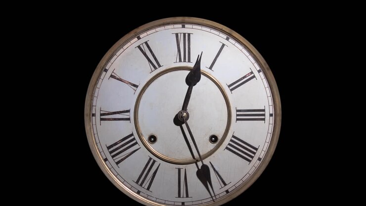 TIMELAPSE, ZOOM IN, CUT OUT, an antique clock with roman numerals