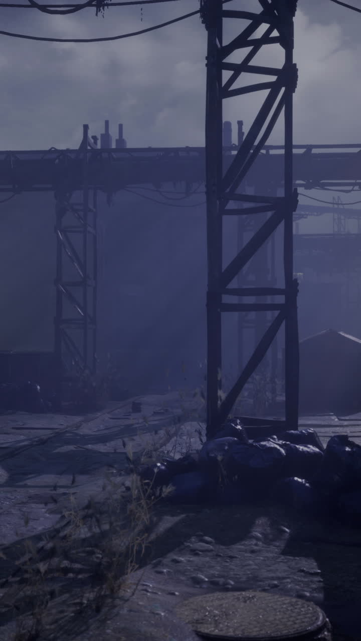 Shadows dance in an abandoned industrial alley under a moonlit sky