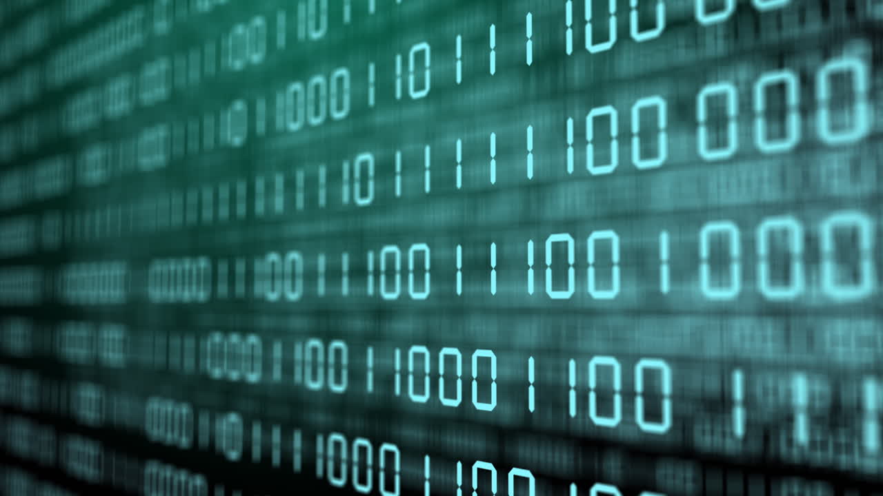 Green background with changing binary code. Blurred numbers of zeros and ones on virtual screens. Abstract motion graphics. Technical environment programming,