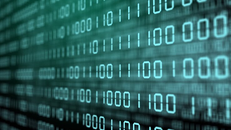Green background with changing binary code. Blurred numbers of zeros and ones on virtual screens. Abstract motion graphics. Technical environment programming,