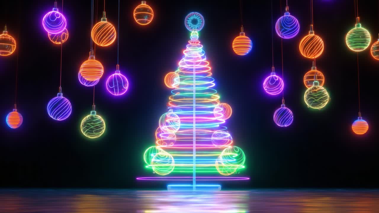 A Vibrant Neon Christmas Tree Surrounded by Glowing Ornaments, Creating a Festive Atmosphere of Joy and Celebration in a Stylish and Colorful Display for the Holidays