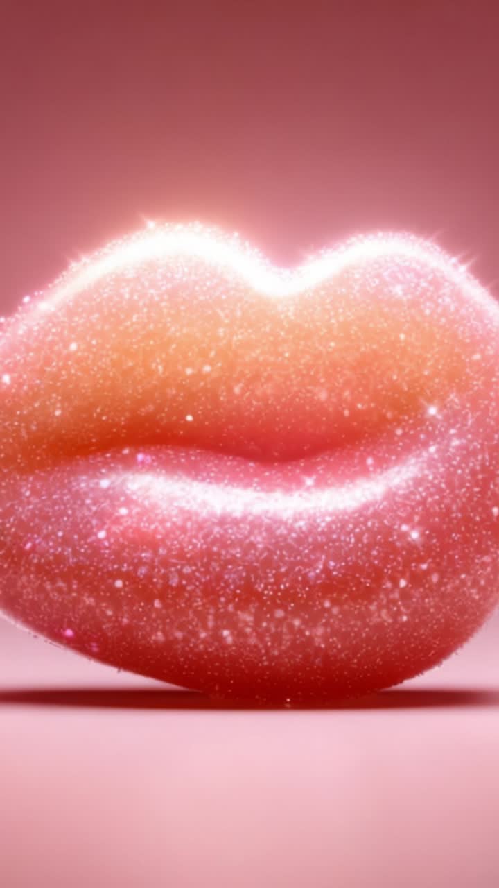 Un primo piano di labbra rosa scintillanti e luccicanti su uno sfondo rosa tenue, che mostra texture brillanti e colori vivaci per un'estetica accattivante