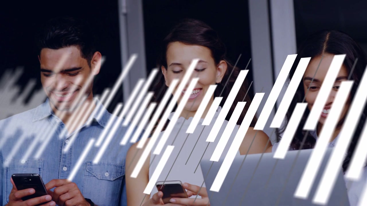 Business team tapping phones and collaborating while animated bars sweeping revealing faces