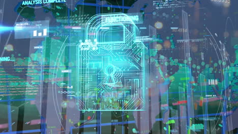 animation of online security padlock, data processing and statistics
