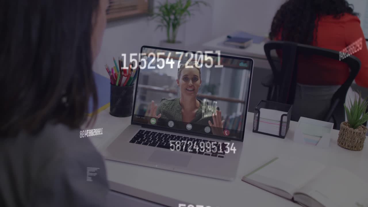 Animation of data processing over diverse business people having video call in office