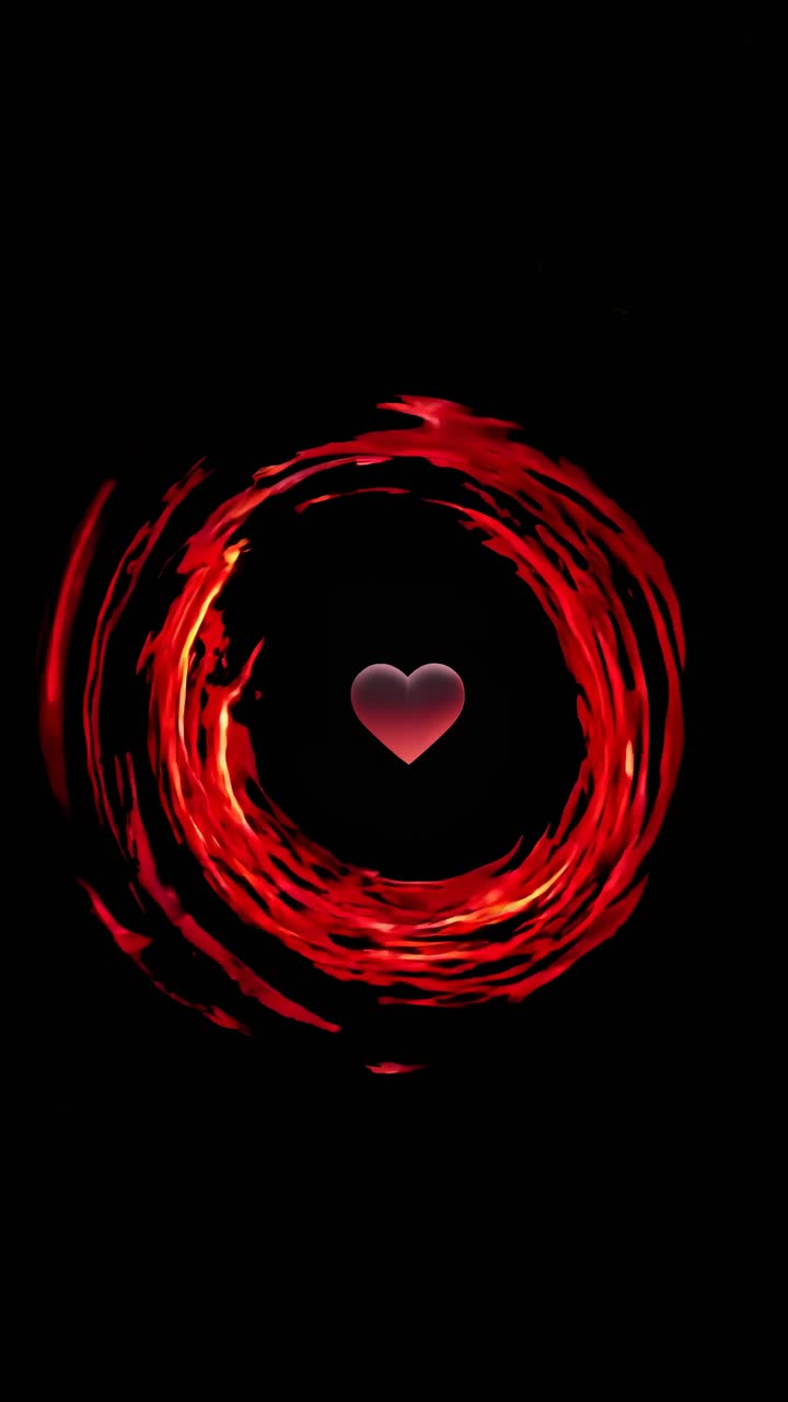 Vista aerea di un vortice rosso fuoco che circonda un cuore su uno sfondo nero, che ricorda un videogioco