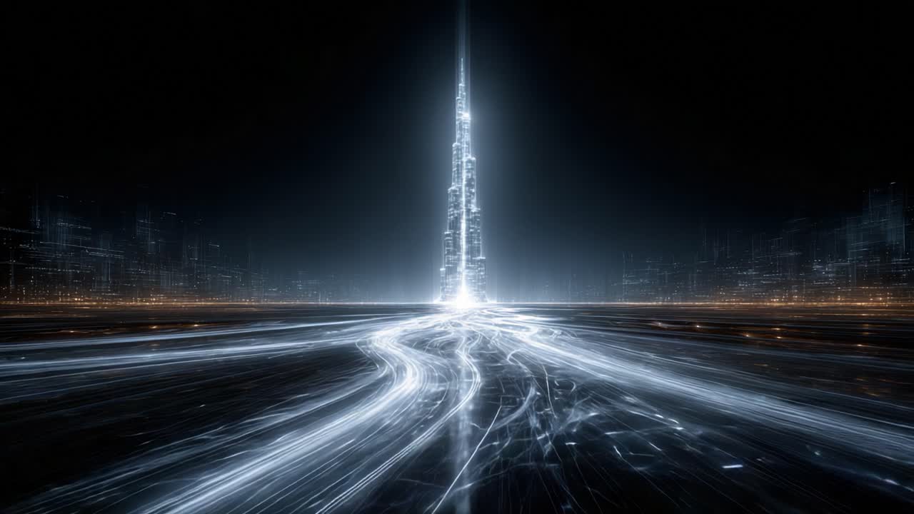 Glowing neon light trails weave through a futuristic cityscape, visualizing high speed data flow, global communication, internet networks, AI and advanced digital infrastructure