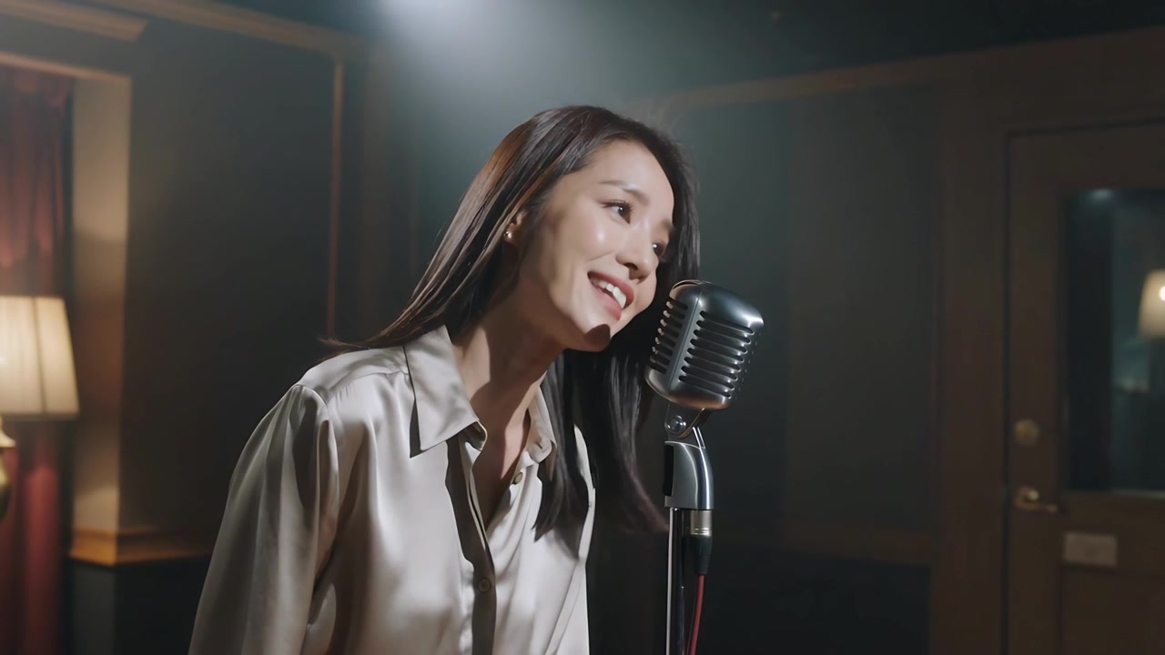 Singing Asian on spotlight cue, leaning into vintage mic in studio, wearing satin blouse, earbud