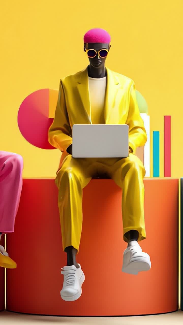 Stylish Mannequins in Vibrant Colors Engaged with Laptops Against a Bright Yellow Background, Showcasing Modern Digital Interaction and Fashion Trends