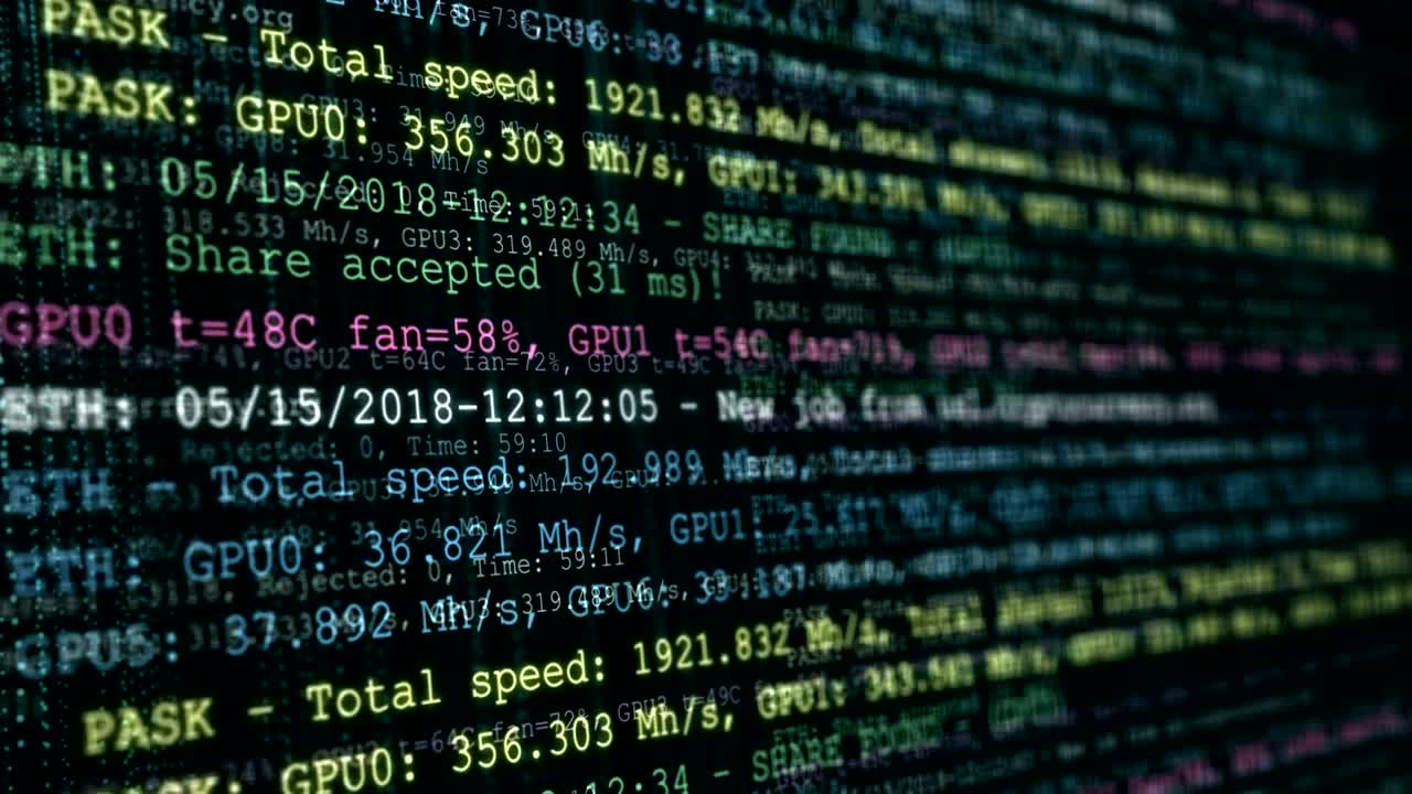 Digital crypto currency technology. Abstract seamless loop animation of cryptocurrency mining process.