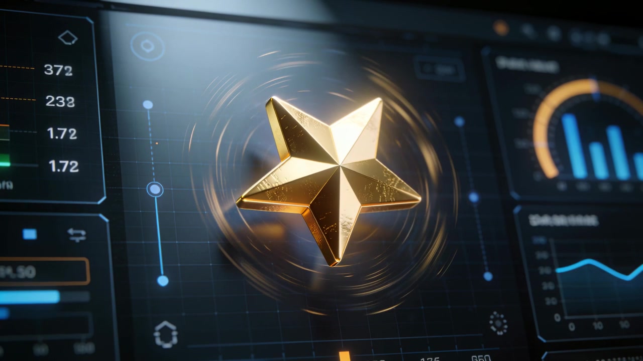 Rotating gold five-pointed star reacting to UI pulse on HUD, showing swirl and status