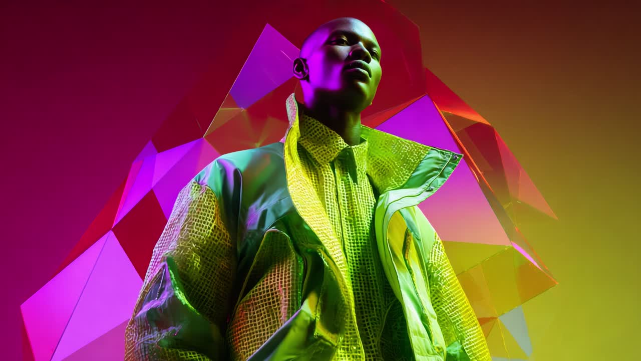 Livlig motefotoportrett som viser dristig streetwear-stil mot en dynamisk geometrisk bakgrunn belyst av neonfarger, og som fremhever moderne estetikk og nyskapende design innenfor moderne motefotografering