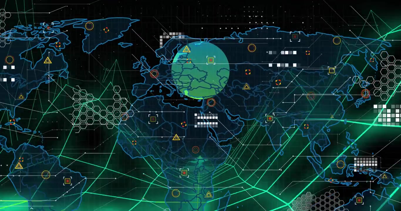 After orb fading in, world map emerging, animating data markers over neon grid for global data