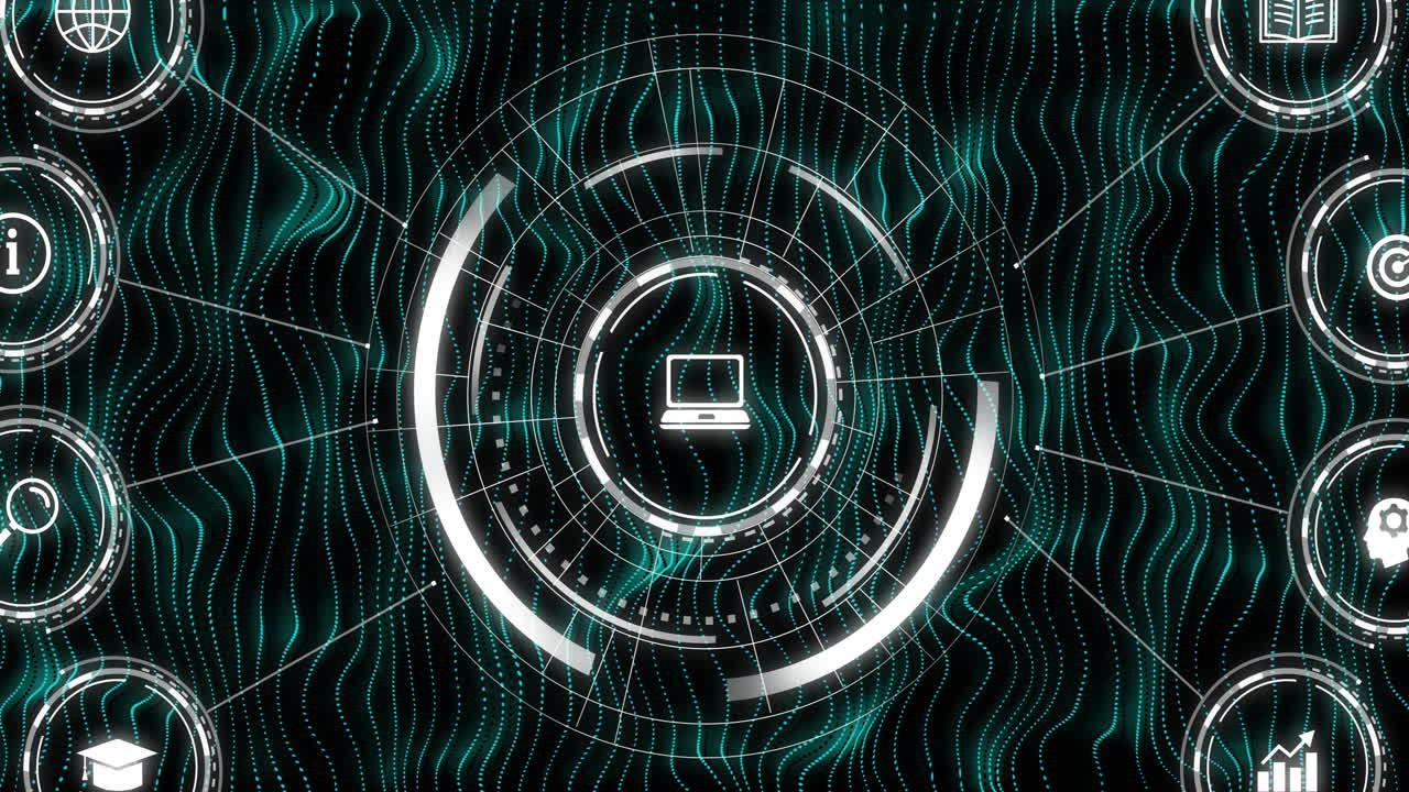 Animation of scope scanning with icons over lines on black background