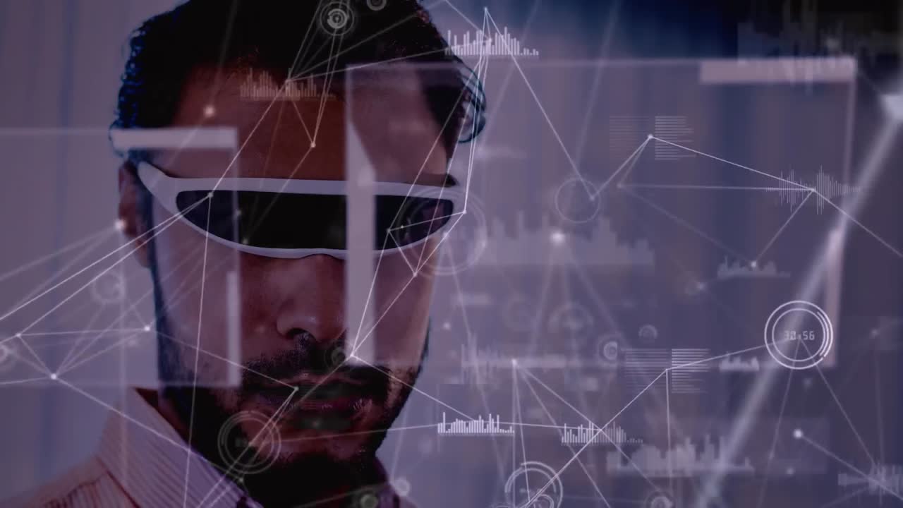 Animation of network of connections over businessman wearing vr headset
