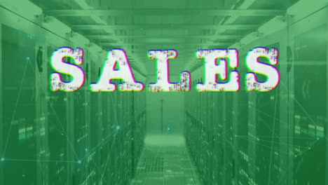 animation of sales text and digital data processing over computer servers