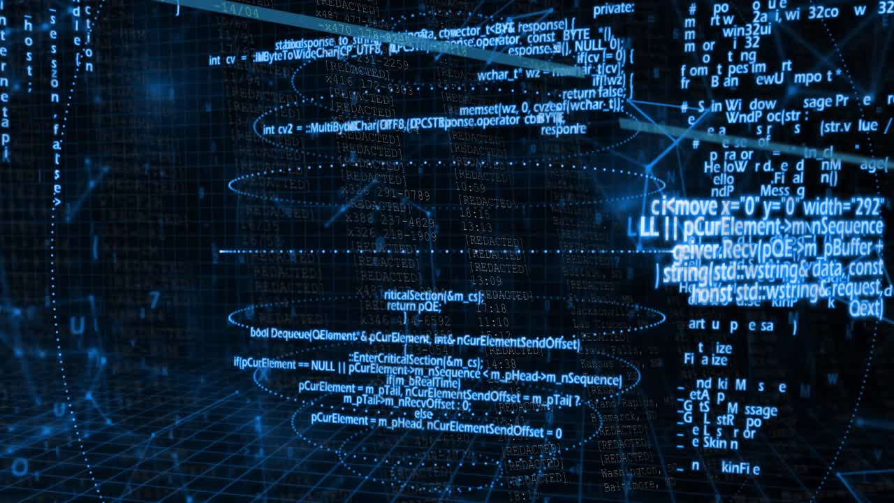 Camera rotating right starting data-core showing dotted-rings code panels orbiting showing network