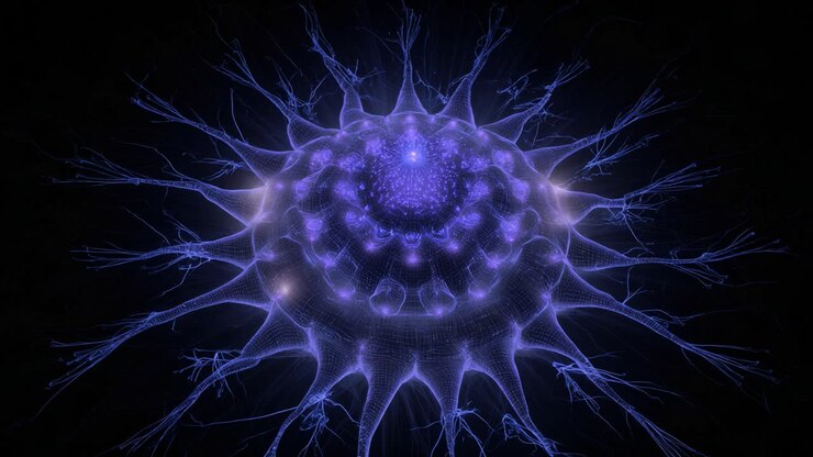 Luminous purple neuron cell pulsating and sending signals through its synapses, representing artificial intelligence, big data processing, and the complexity of the central nervous system