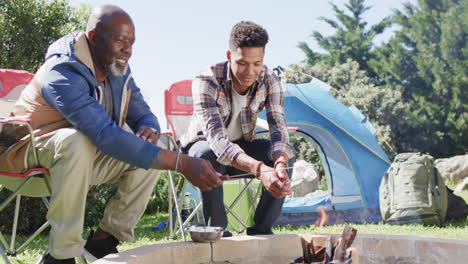 Happy-african-american-father-and-son-toasting-marshmallows-over-campfire,-copy-space,-slow-motion