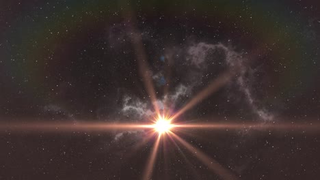 bright orange spot of light moving over white nebula in the night sky