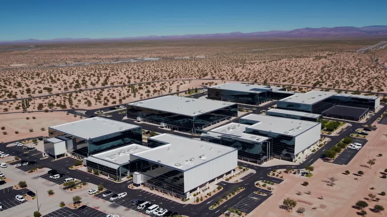 Aerial view of modern commercial buildings in a desert landscape, showcasing architectural design and expansive parking areas, highlighting the innovative structure and environment