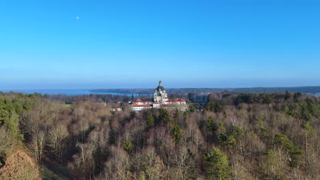 drone flying over pazaislis monastery in a sunny day