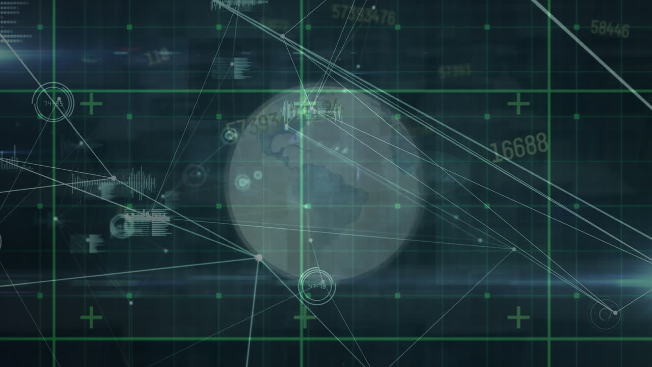 검은색 배경 위에 데이터 처리 및 연결 네트워크와 함께 지구의 애니메이션