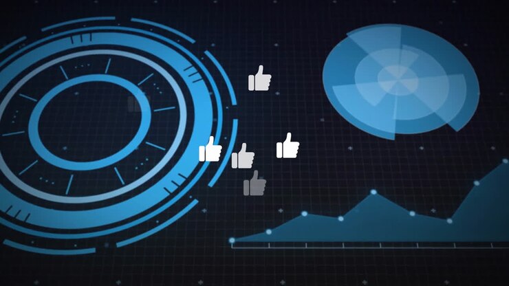Animation of digital analytics and social media icons over futuristic interface