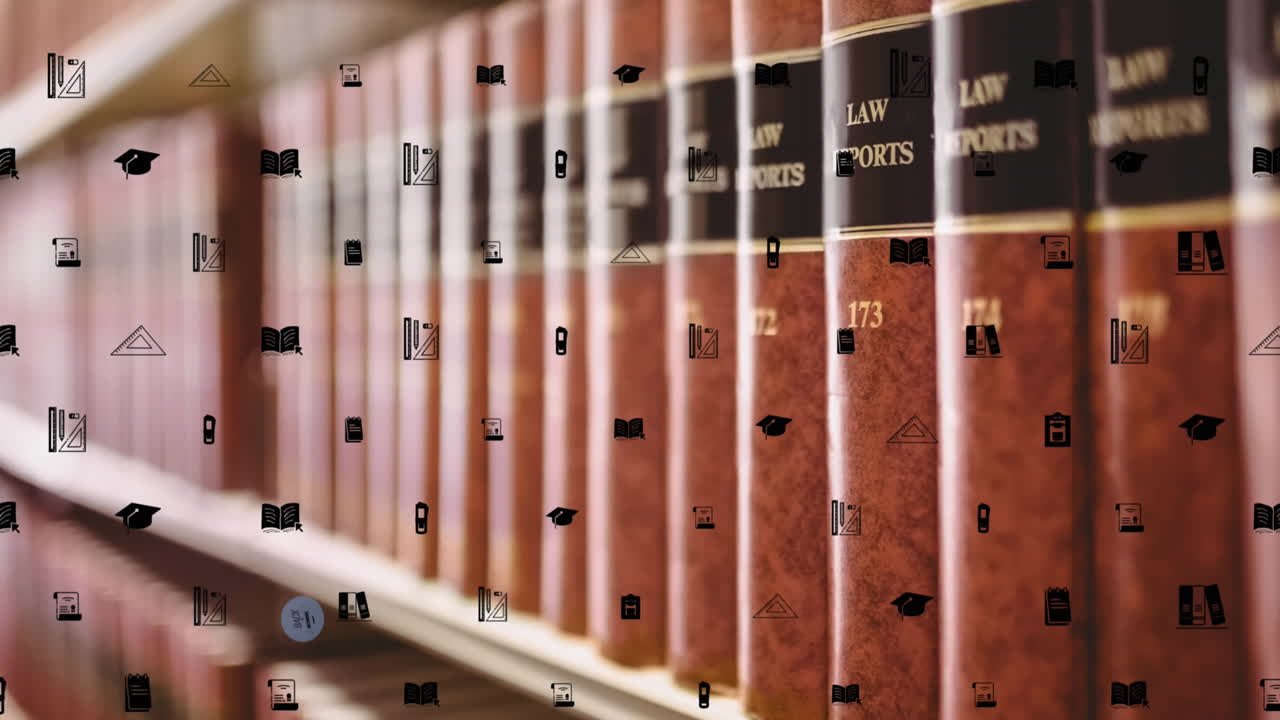 animación de iconos educativos sobre filas de libros en el estante de la biblioteca