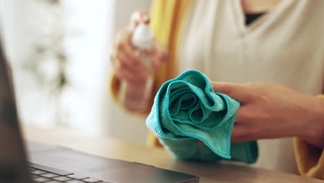 closeup, woman and cleaning laptop keyboard