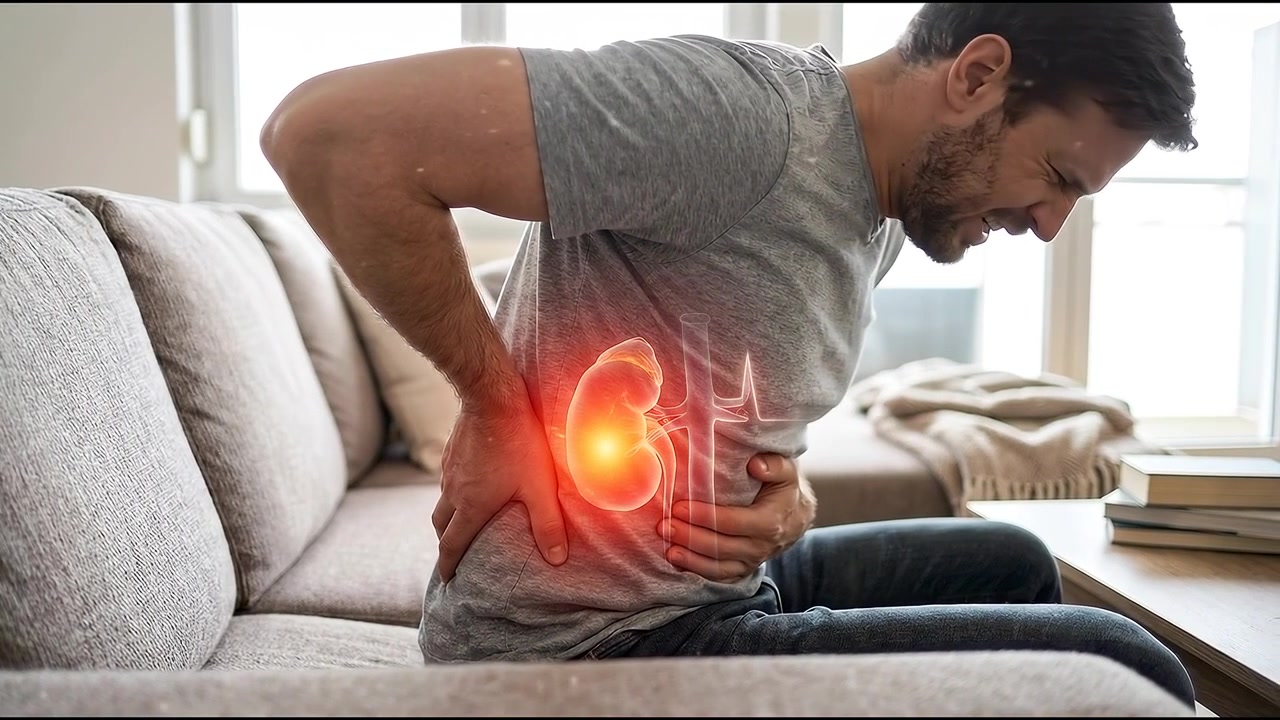 Man Suffering From Kidney Pain Sitting on Sofa