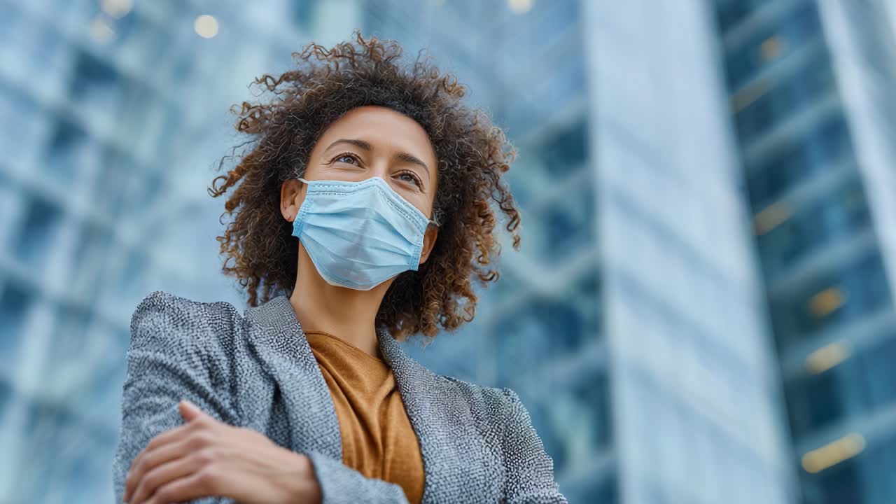 Confident Woman in a Mask Standing Against a Modern Building Background, Emphasizing Resilience and Adaptation in a Changing World