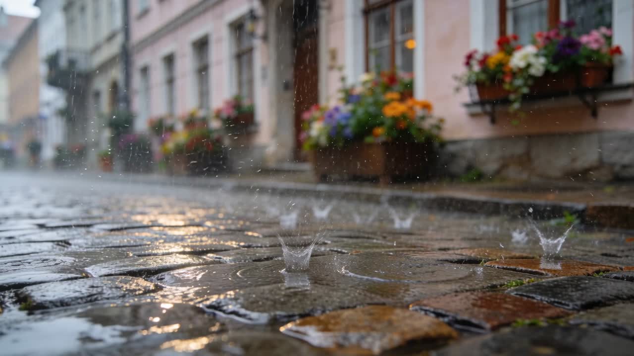 Fallender Regen trifft nasses Kopfsteinpflaster im Vordergrund einer engen historischen Straße und erzeugt Spritzkronen.