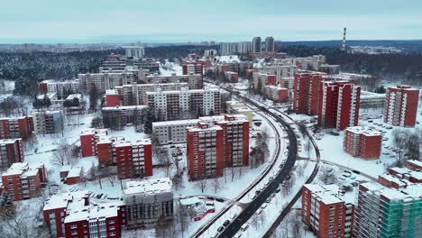 winter view from a drone, buildings of vilnius, lithuania covered in snow