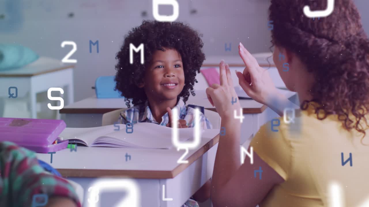 Animation of data processing over happy diverse female teacher and schoolboy signing in class