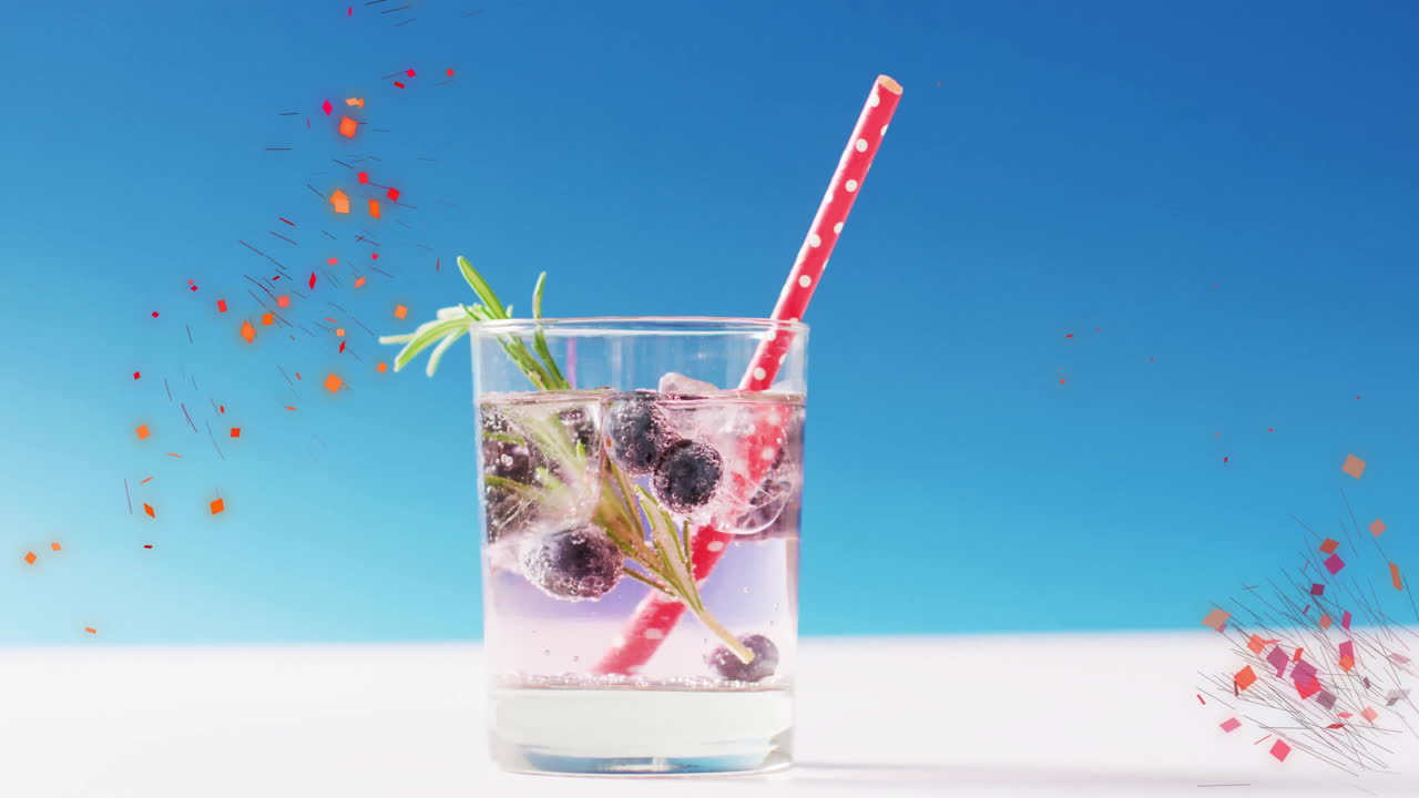 animación de confeti cayendo y cóctel sobre fondo azul