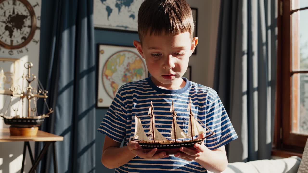 Boy wearing striped shirt gazing at intricate model ship, nautical themed bedroom filled with maritime maps and decor inspiring maritime dreams