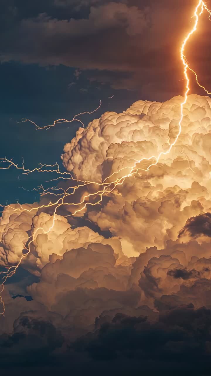 Video verticale: fulmini che illuminano un cumulonembo in un cielo color indaco, rivelandone i lobi