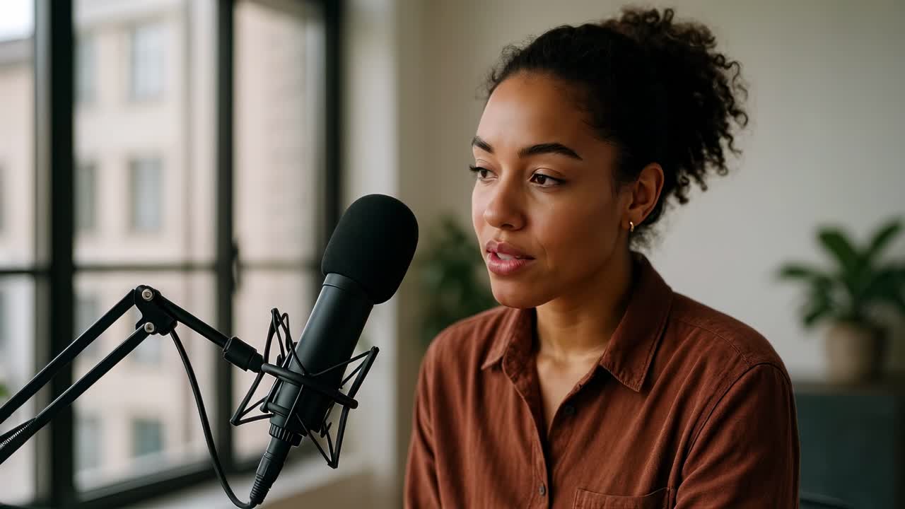 Una donna che registra un video podcast in una stanza luminosa. L'angolo laterale cattura il momento in cui parla