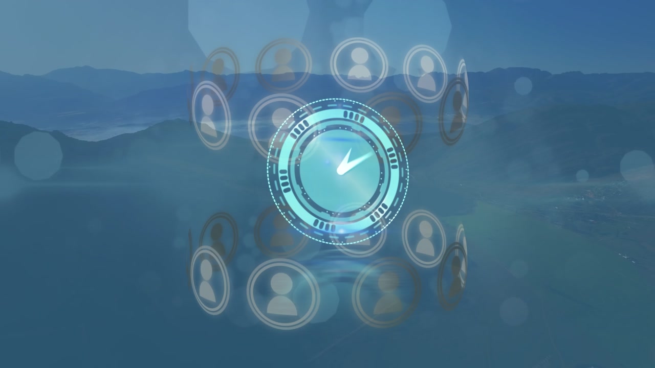 Animation of moving clock with icons over landscape