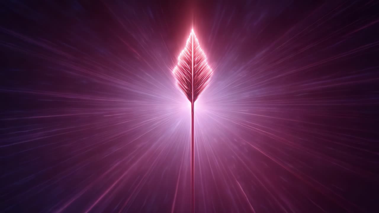 Single glowing feather emitting bright pink and purple light rays in a continuous, mesmerizing motion. Abstract, futuristic animation representing magic, spirituality, energy, and fantasy