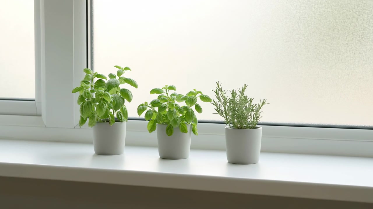 Three small ceramic pots with basil and rosemary sit on a white windowsill against a pale frosted window. Soft diffused daylight backlights the green leaves
