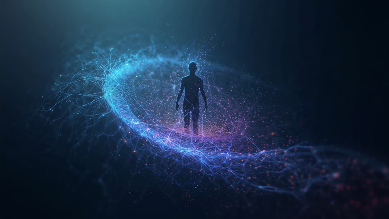 Halo appearing around human silhouette standing in navy void, spiral filaments brightening for data