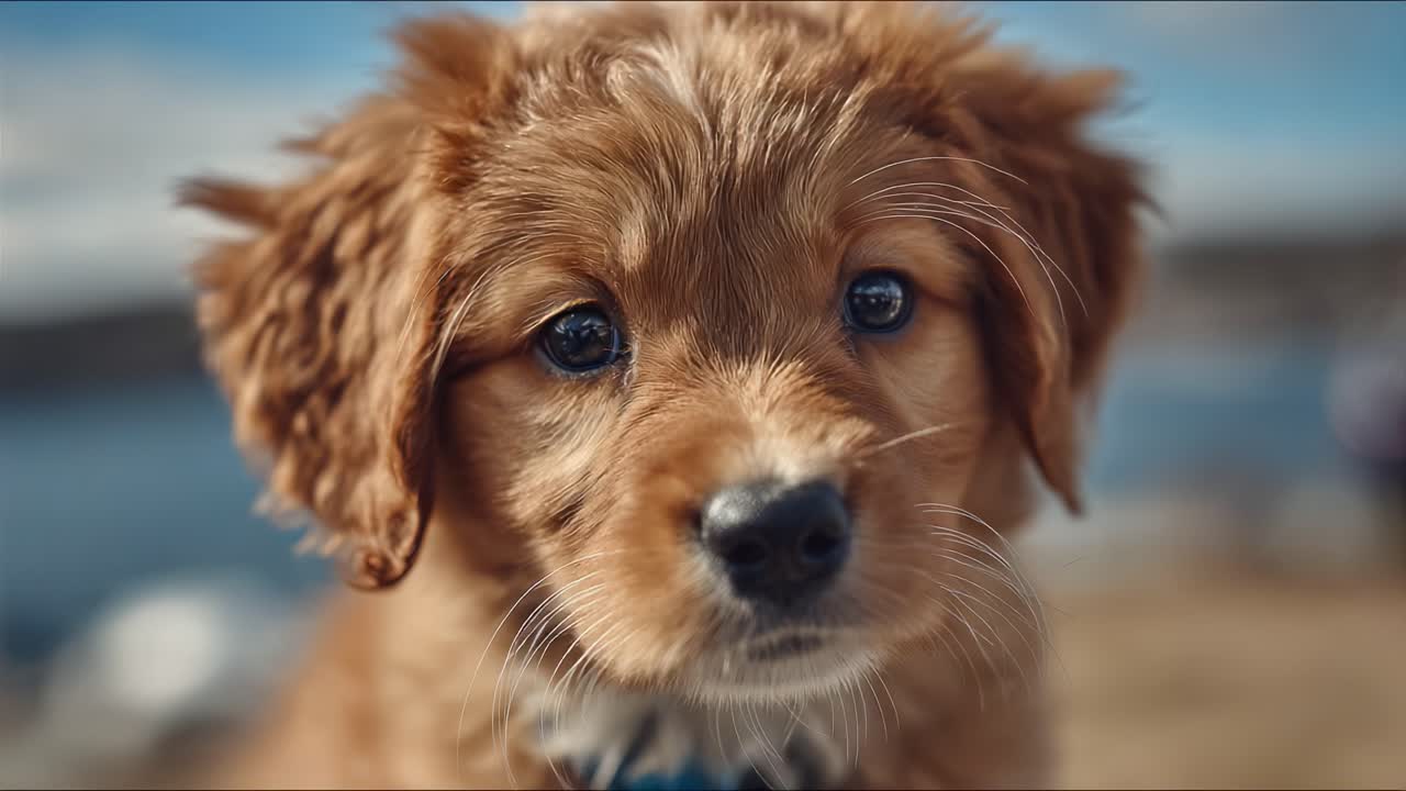 Primo Piano Accattivante di un Cucciolo Giocoso con Pelo Soffice e Occhi Espressivi, che Indossa un Grazioso Collare Blu su uno Sfondo Panoramico.