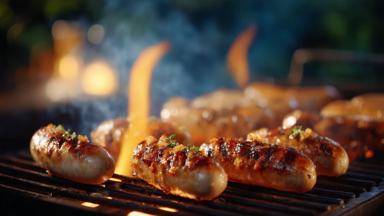 Lækre grillede pølser: Fanger essensen af udendørs madlavning med saftige, smagfulde pølser, der grilles perfekt over glødende kulflammer.