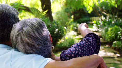 senior couple pointing to a distance in garden