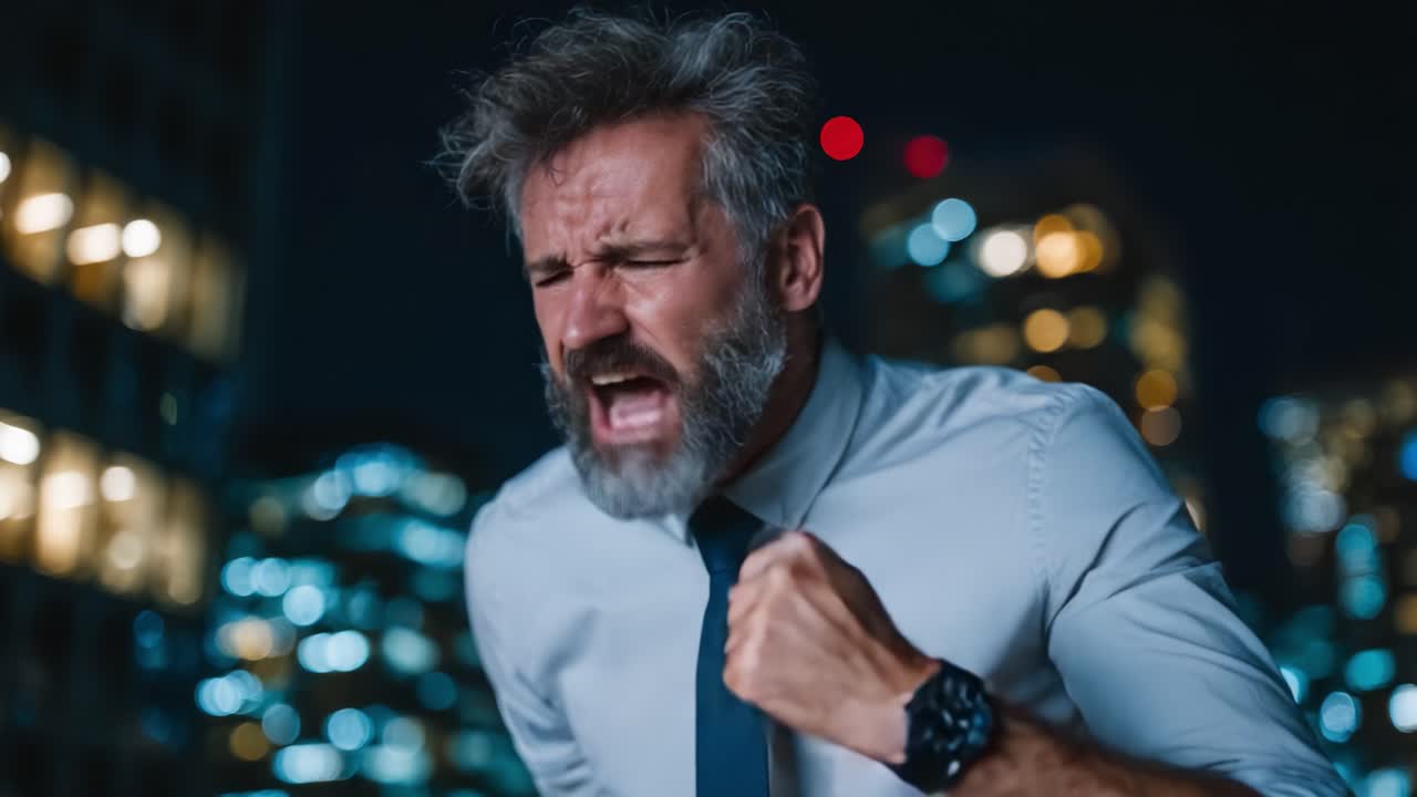 Un'espressione appassionata di trionfo: un uomo celebra la vittoria sullo sfondo di un paesaggio urbano notturno, mostrando emozioni e determinazione allo stato puro
