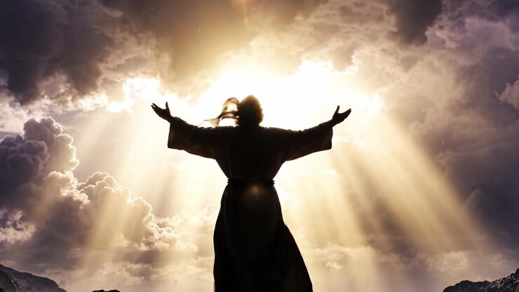 A figure stands majestically before a radiant sky, arms outstretched to embrace the divine light that breaks through the clouds, symbolizing hope and enlightenment.